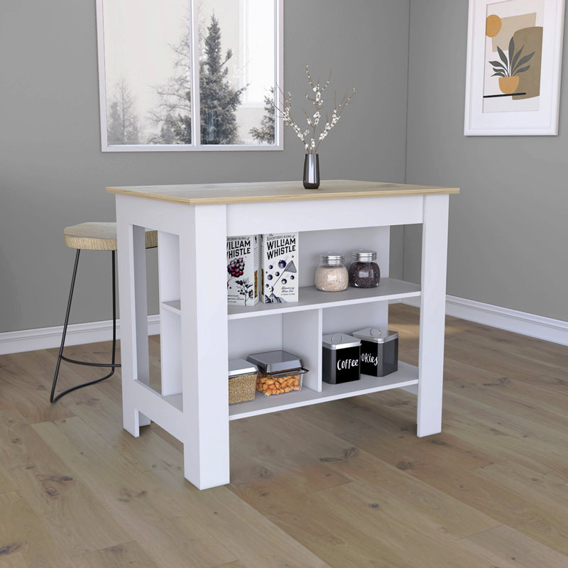 Îlot de cuisine, table de cuisine H 35 po, quatre pieds, trois tablettes de rangement ouvertes, Blanc/naturel