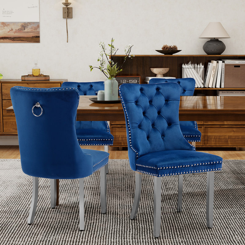 Chaises de salle à manger en velours Crossland, chaises capitonnées avec garniture cloutée pour cuisine, Bleu