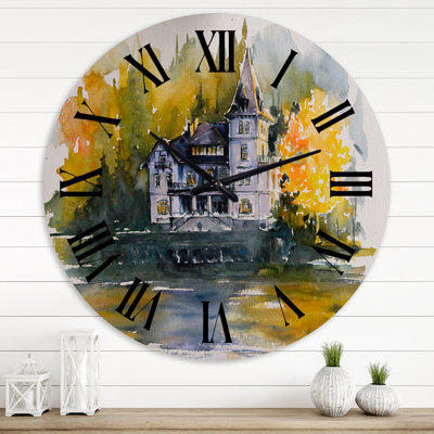 Château au bord du lac avec arbres d'automne - horloge murale Lake House