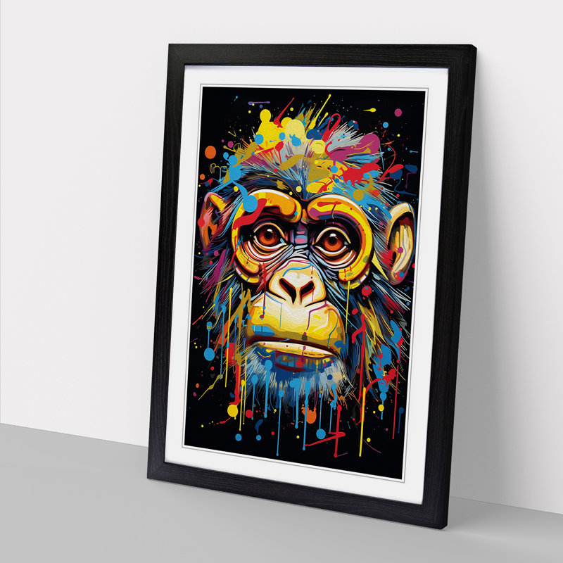 Monkey Abstract - Single Picture Frame Print on Wood, 46cm H x 34cm W x 2cm D, Black 