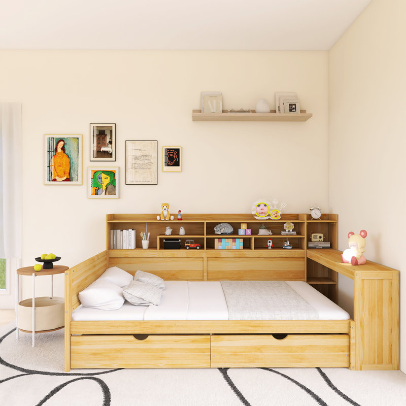 Lit de jour en bois avec tablettes de rangement, lit multifonctionnel avec deux tiroirs de rangement et bureau d'étude