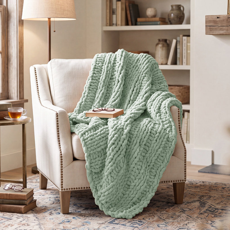 Hand-Knit Chenille Chunky Throw Blanket, Sage Green
