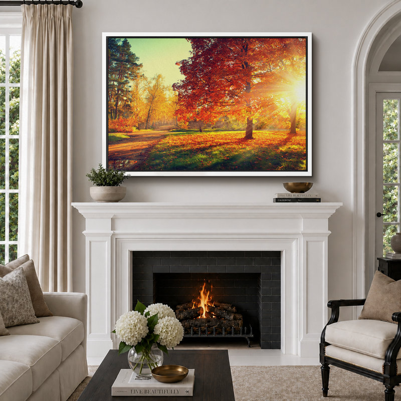 Reproduction d'art sur toile, paysage d'automne, H 24 po x l 36 po, Toile avec cadre photo, Blanc