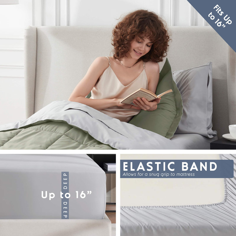 Ensemble d'édredon réversible avec draps Bed-in-a-bag, Édredon simple très long + 5 pièces supplément, Sauge pâle