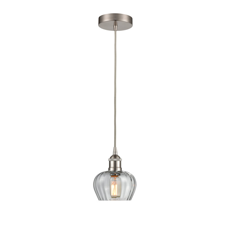 Luminaire suspendu simple à 1 lumière Noille, Transparent, Nickel satiné brossé, H 8,5 po x l 6,5 po x P 6,5 po