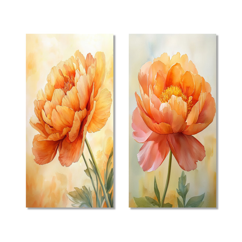 Pivoine ensoleillée Eelegance I - Collection d'art floral sur toile 2 pièces, H 28 po x l 25 po, Toile tendue