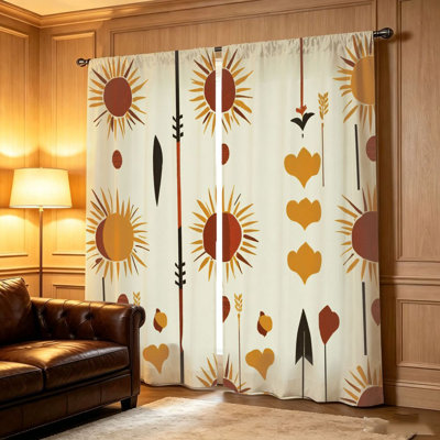 2Pcs Boho Sun and Moon Curtains, Retro Abstract Celestial Sunburst Pattern, Light Filtering Privacy Panels, Rod Pocket Window Drapes for Living Room Bedroom Balcony Kitchen Home Decor