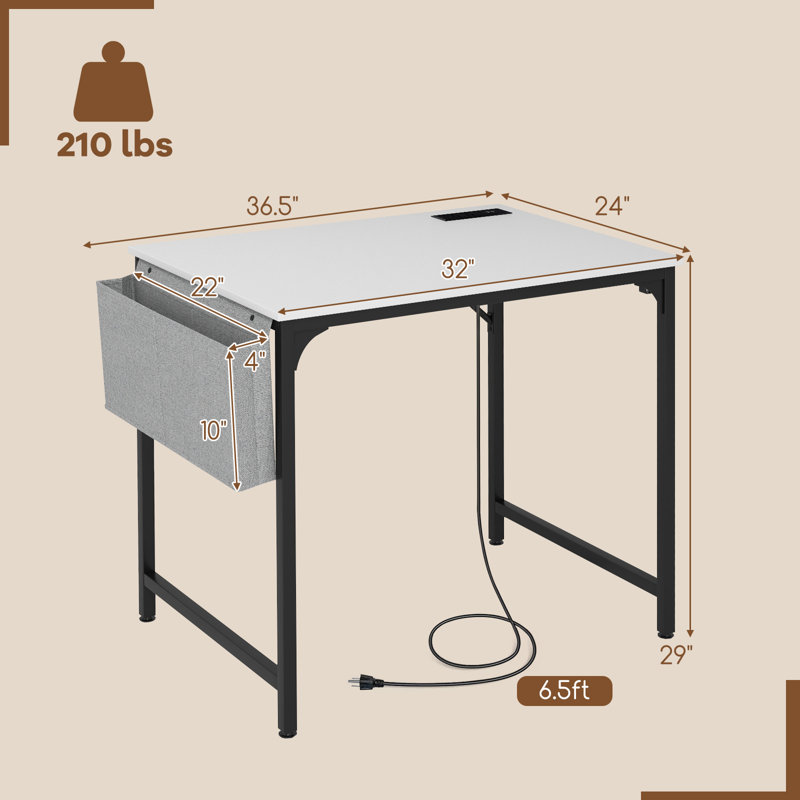 Bureau personnel, bureau d'ordinateur avec multiprise encastrée et large bureau, table d'écriture pour poste de travail