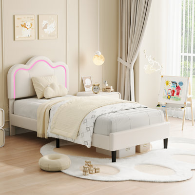 Twin Size Velvet Fabric Bed Frame for Kids with LED Lights & Adjustable Headboard, Solid Wood Slat Support, Noise-Free, Beige No Drawers