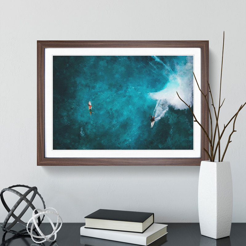 Surfers in Hawaii - Picture Frame Painting, Walnut Framed, 27cm H x 36cm W x 2cm D