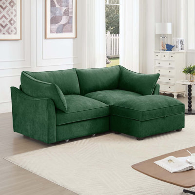 2 Seater Sofa with Footrest and Movable Ottoman, Chenille Green, Pull Out Storage Drawers for Space Efficiency