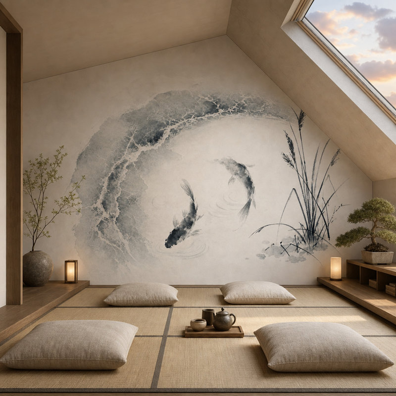 Adhésif mural Koi Fish, 140"x108", Peler et coller