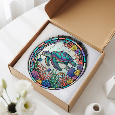 Sea Turtle Stained Glass Window Panel，12"H