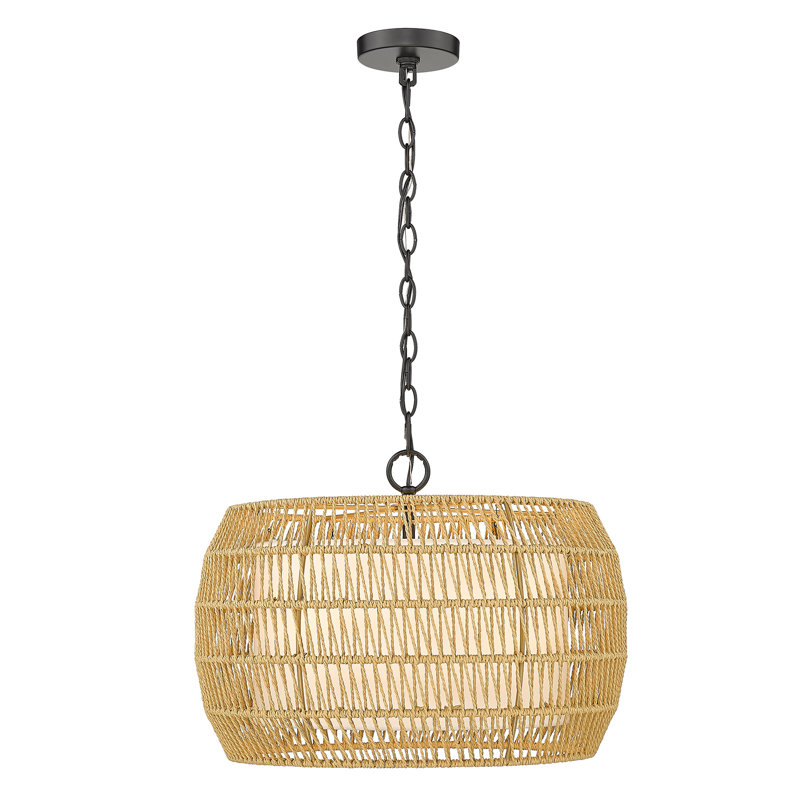 Chapple 4 - Light Steel Dimmable Drum Chandelier, Natural Rattan