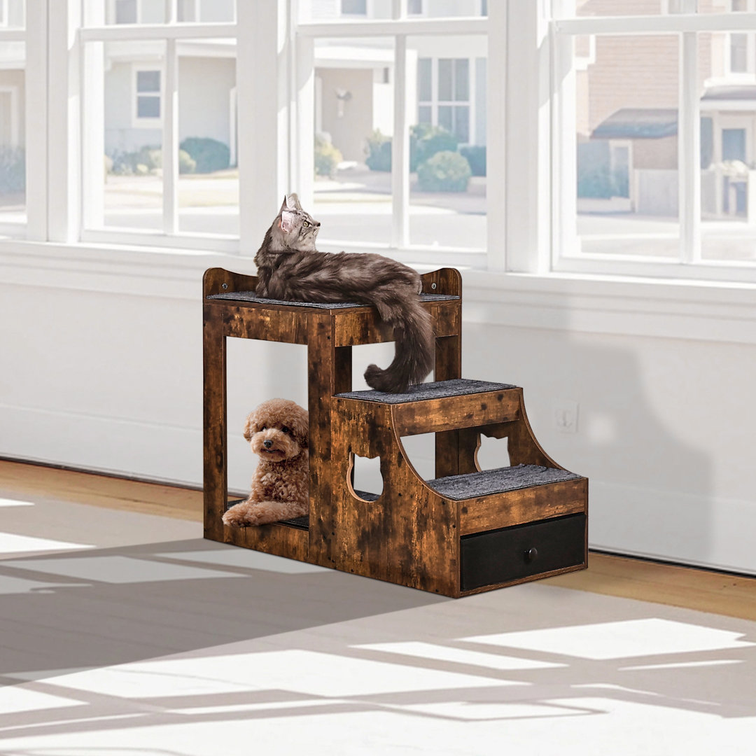 Pet Bunk Bed with Stairs Dog/Cat Window Perch with Storage Indoor Brown