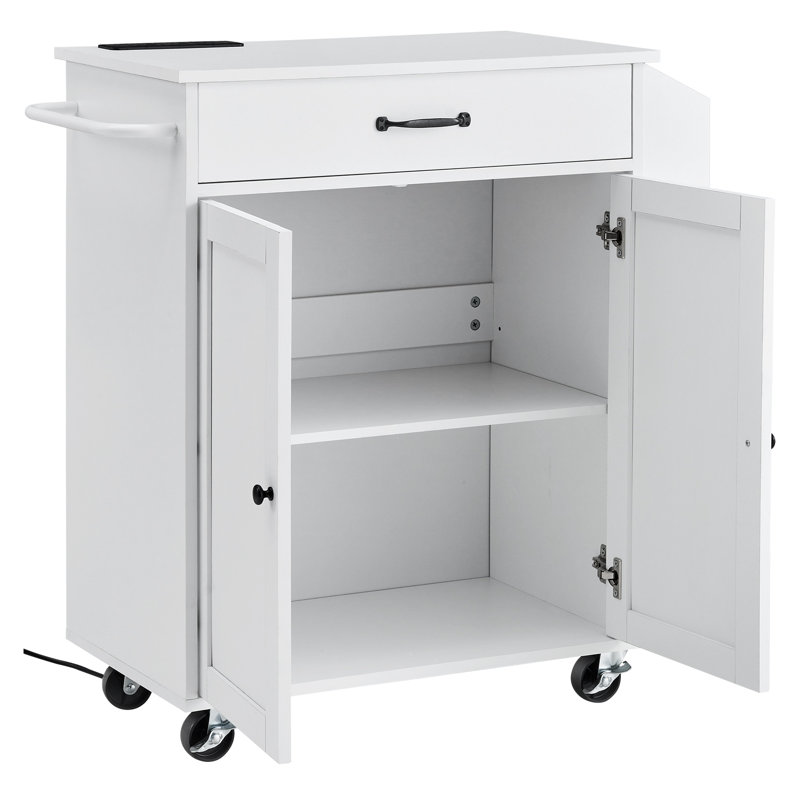 Chariot de cuisine blanc à roulettes avec station de charge, tablettes réglables et armoire de rangement sur roulettes