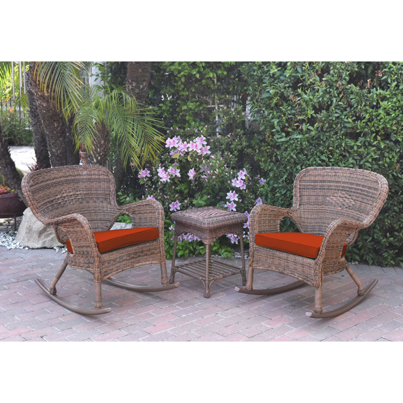 Windsor Resin Wicker Rocker Chair And End Table Set With Cushions, Brick Red, Honey
