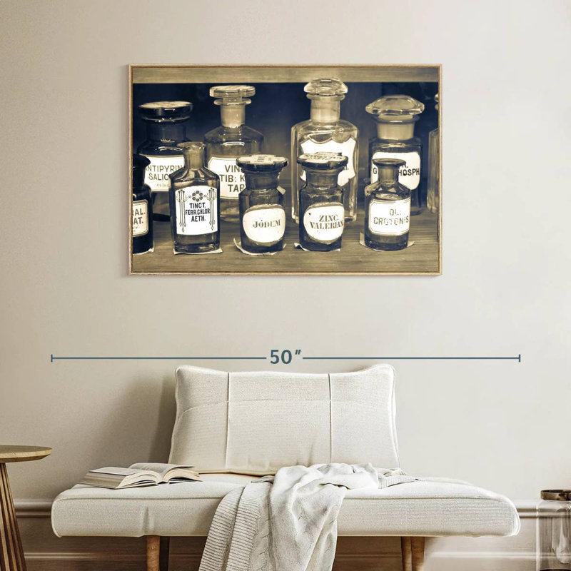 Bouteilles de pharmacie rétro, Cadre flottant en bois naturel, 40 po x 27 po