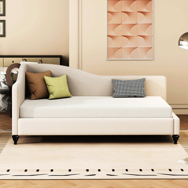 L-shaped Daybed In Beige Linen With Strong Solid Wood Legs - Twin Size Serene, Beige