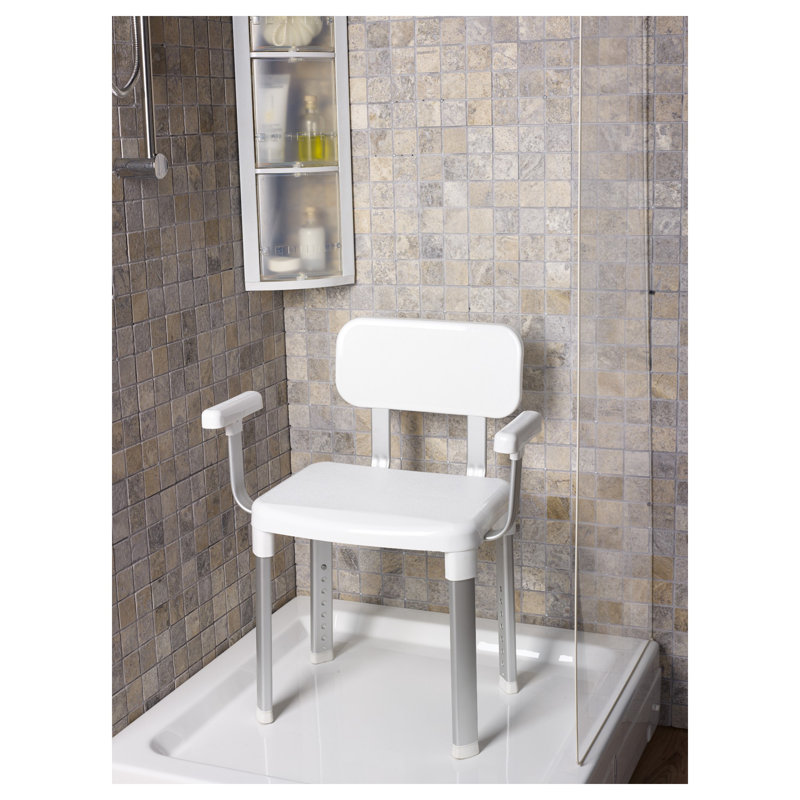 Adjustable White Plastic Shower Chair with Arms and Backrest