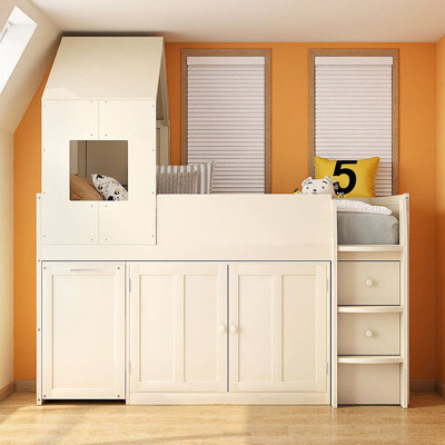 Twin Kids Loft Bed with Pull-Out Desk, Storage Cabinets & Drawers | House-Style Roof Design for Playful Bedroom Fun