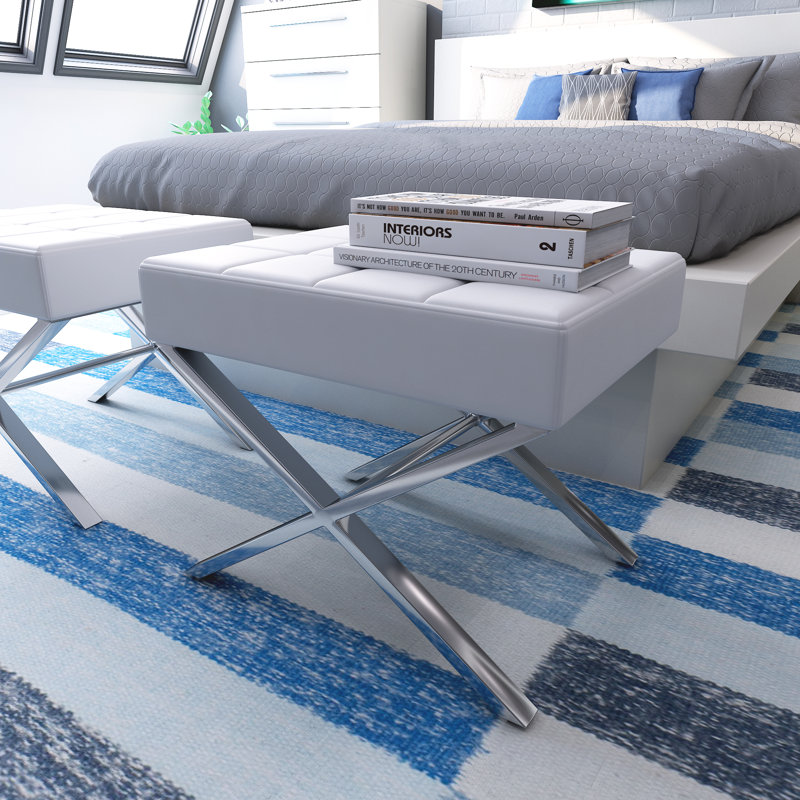 Sienna White Faux Leather Ottoman with Chrome X-Legs