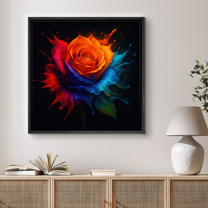 "Abstract Color Splash Rose Flower", art botanique contemporain, impression sur toile encadrée, H 24 po x l 24 po x P 1,5 po