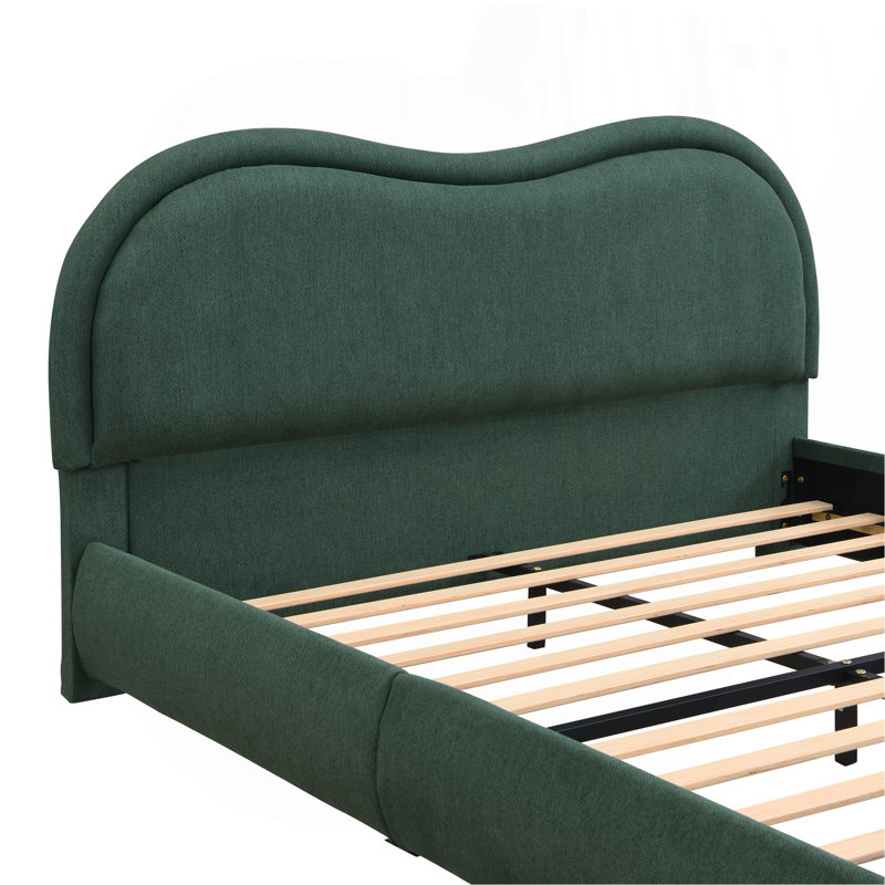 Structure de lit plateforme tapissier avec tête de lit arrondie à coins arrondis, lattes en bois, pieds en bois de chêne massif, tissu chenille, aucun sommier requis, assemblage facile, vert olive