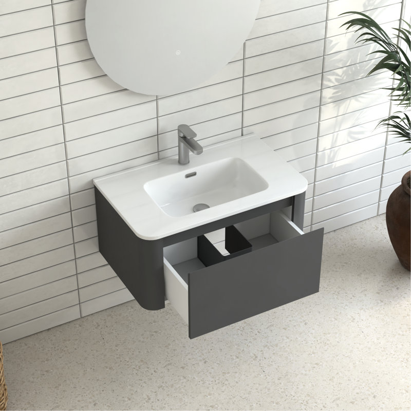Meuble-lavabo mural gris de 30 po avec lavabo en céramique blanc sans couture, aspect flottant élégant, 45 poignées en angle, tiroir à fermeture en douceur, surface d'usure, rangement organisé, style européen intégré de 30 po
