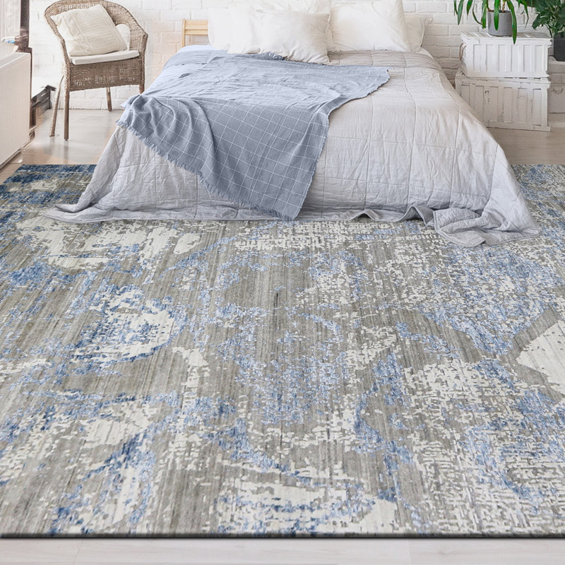 Tapis gris et bleu noué à la main de haute qualité, Rectangle de 2 pi x 3 pi