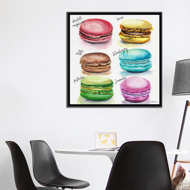 « six macaron parfums » par jennifer redstreake, impression sur toile tendue, H 26 po x l 26 po x P 1,5 po, Pas de tapis