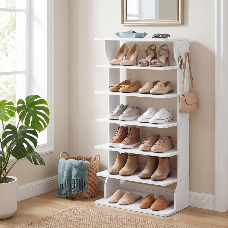 7-Tier Vertical Shoe Rack, Narrow Shoe Storage Organiser with Hooks, Slim Corner Shoe Tower Rack, for Entryway, Bedroom, Black