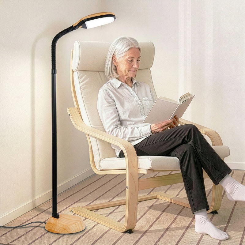 Lampe sur pied à DEL à intensité variable de 53 po avec tête de col de cygne réglable en hauteur Litespan, Bois