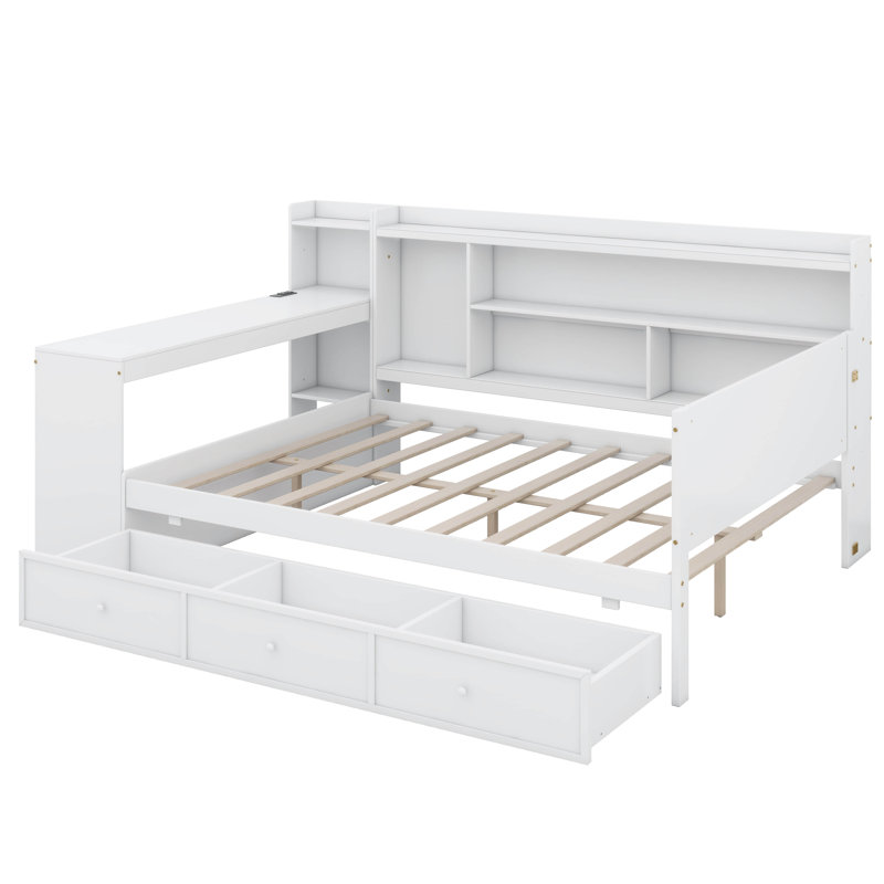 Wooden Daybed With 3 Drawers, USB Ports And Desk, White, Full