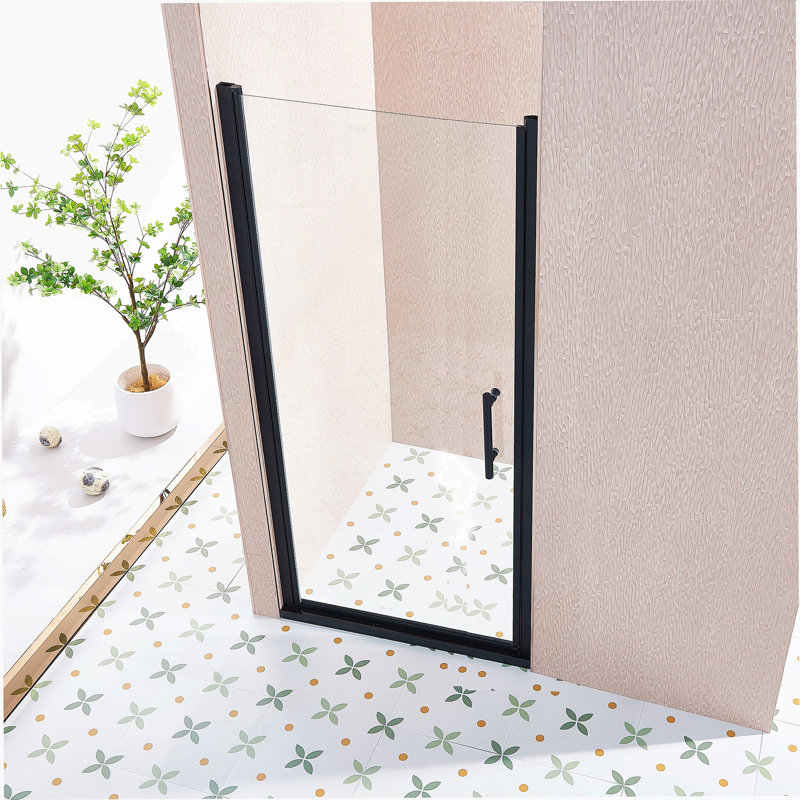 Porte de douche pivotante simple pivotante de 34 à 35,5 po x H 75 po, alliage d'aluminium noir mat, verre trempé clair de 1/4 po (6 mm) de large épaisseur.