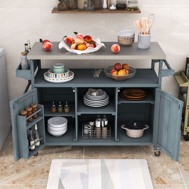 Îlot de cuisine avec plateau en acier inoxydable et roues verrouillables Cheyene, Bleu-gris