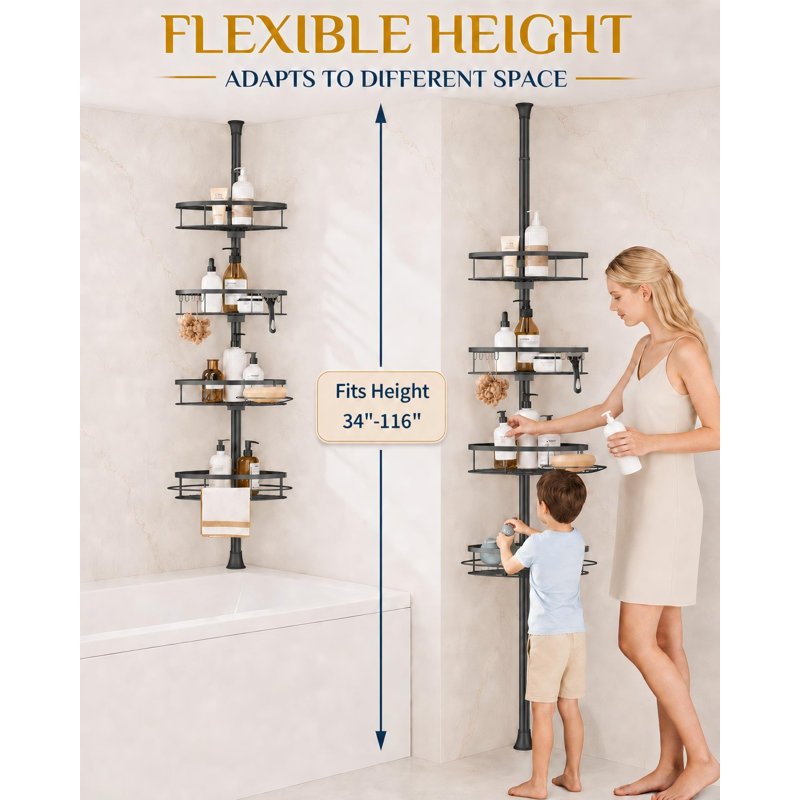 Étagère d'angle antirouille pour douche, barre de tension, idéale pour organiser votre salle de bain. Étagères réglables en quelques secondes, paniers et barres en acier inoxydable, 4 niveaux de rangement pour porte-shampoing, compatible avec les douches de 86 à 295 cm (34 à 116 pouces), noir.