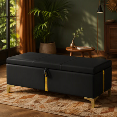 Elegant Upholstered Storage Ottoman,Storage Bench with Metal Legs for Bedroom,Living Room,Fully Assembled Except Legs,Black