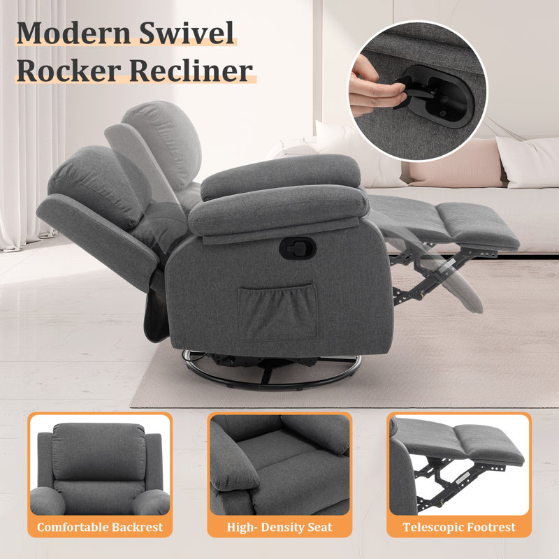 Recliner Chair, 360 Swivel Rocker Chair For Adults, Small Rocking Recliner Chair For Small Spaces, Upholstered Fabric Recliner With Side Pockets