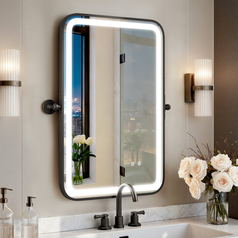 30" x 20" LED Dimmable Anti-Fog  3-Color Temperature Lighted Rectangle Tiltable Metal Black Frame Tempered Glass Modern Vanity Wall Mount Mirror For Bathroom&Bedroom