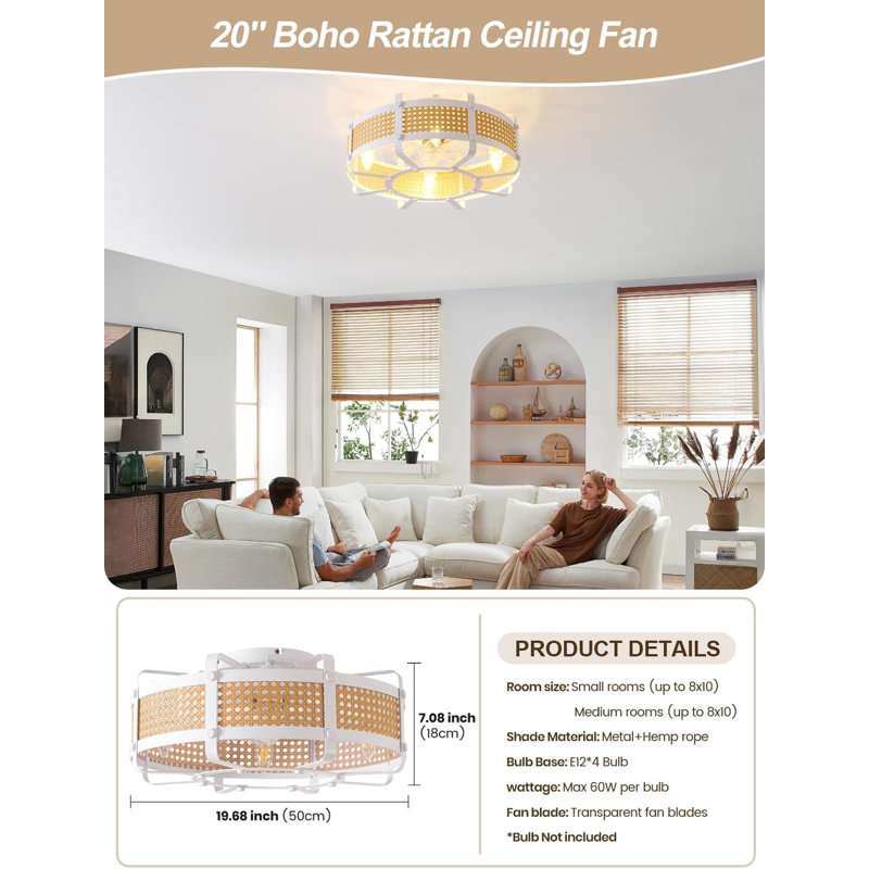 Ventilateurs de plafond avec lumières, ventilateur de plafond Boho de 20 po avec plafonnier encastré, cage en rotin fermée avec 6 vitesses, télécommande pour chambre de bébé