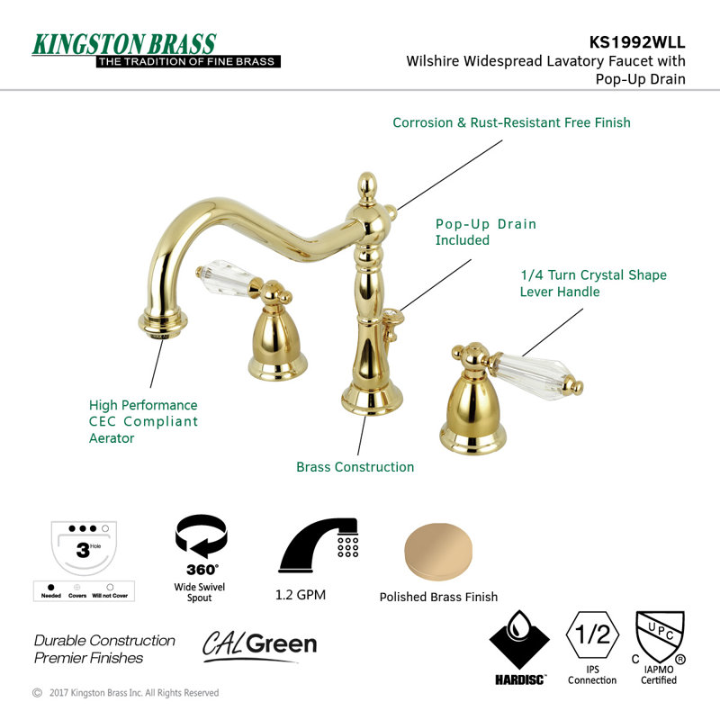 Kingston Brass Wilshire Two-Handle 3-Hole Deck Mount Widespread Bathroom Faucet with Brass Pop-Up Drain, Polished brass