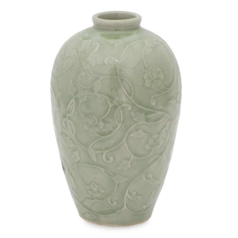 NOVICA Handmade Wildflower Celadon Ceramic Vase
