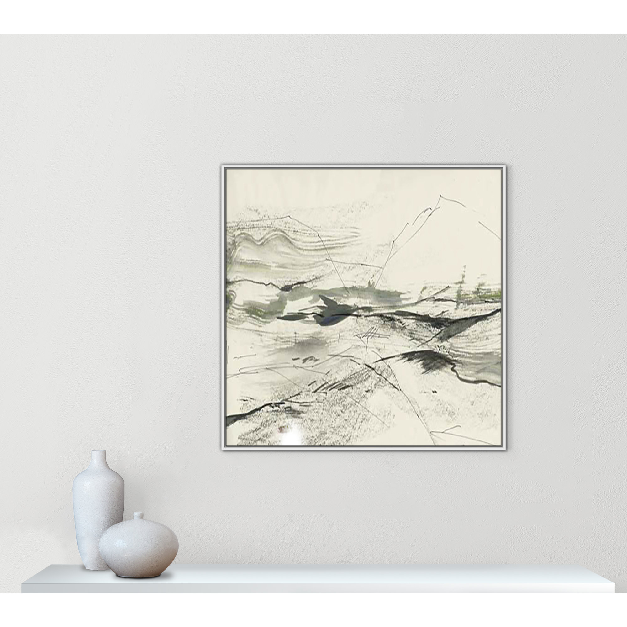 Green Sketches, White Floater Framed, 41.5" H x 41.5" W x 2" D
