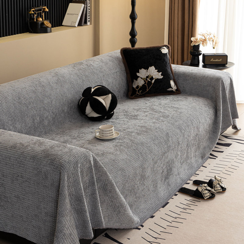 Housse de canapé une pièce en chenille gaufrée et polyvalente, Gris chenille, H 71 po x l 134 po x P 0,1 po