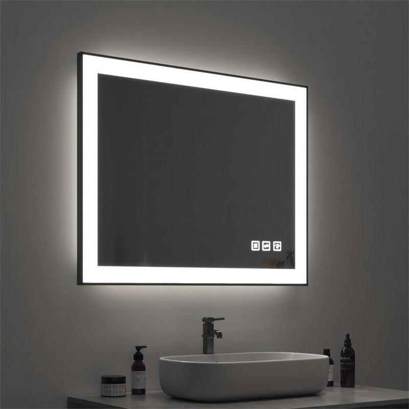 Miroir de salle de bain multifonctionnel lumineux à DEL - Miroir d'appoint mural élégant avec bordure noire, éclairage antibuée et à intensité variable