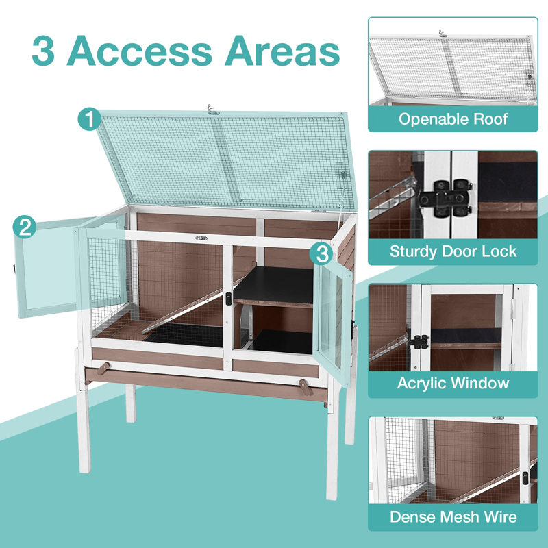 Cage de cochon d'Inde avec support en bois, cage à lapin intérieure avec 2 étages, cage à hamster avec rampe anti-mâcher, cachette, plateforme, plateau coulissant