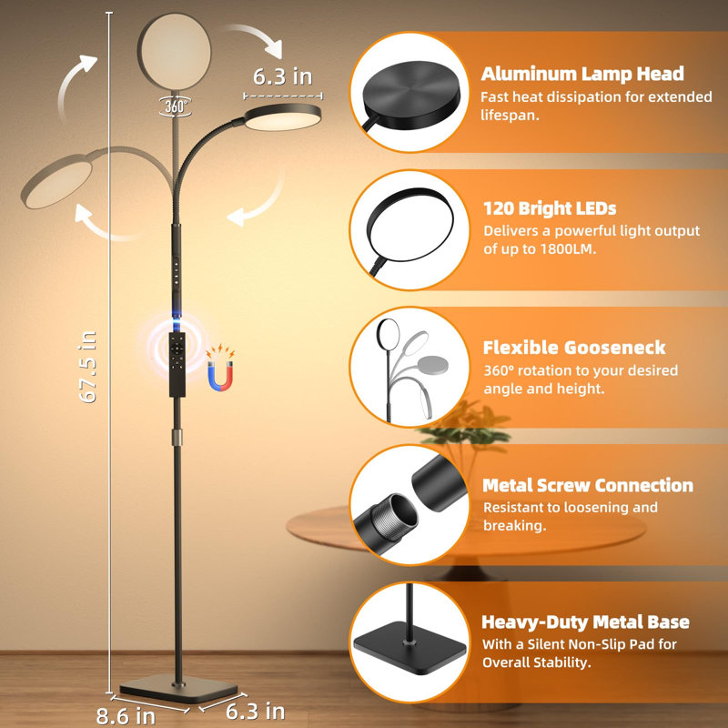 Lampe sur pied, lampes sur pied à hauteur ajustable pour la chambre à coucher, lampe sur pied haute luminosité 120 lumières à DEL à télécommande et à contrôle tactile pour travail de bureau, noir