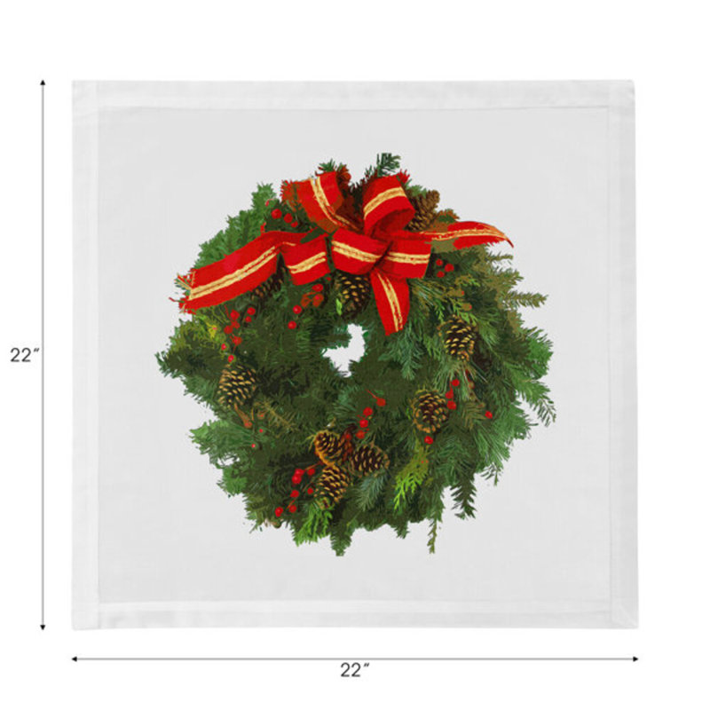 Christmas Wreath Cotton Blend Square Napkins, White Red