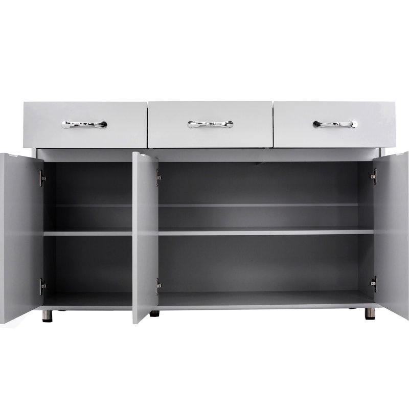 Table d'appoint grise avec 3 portes et différents espaces de rangement pour 2 tablettes pratiques